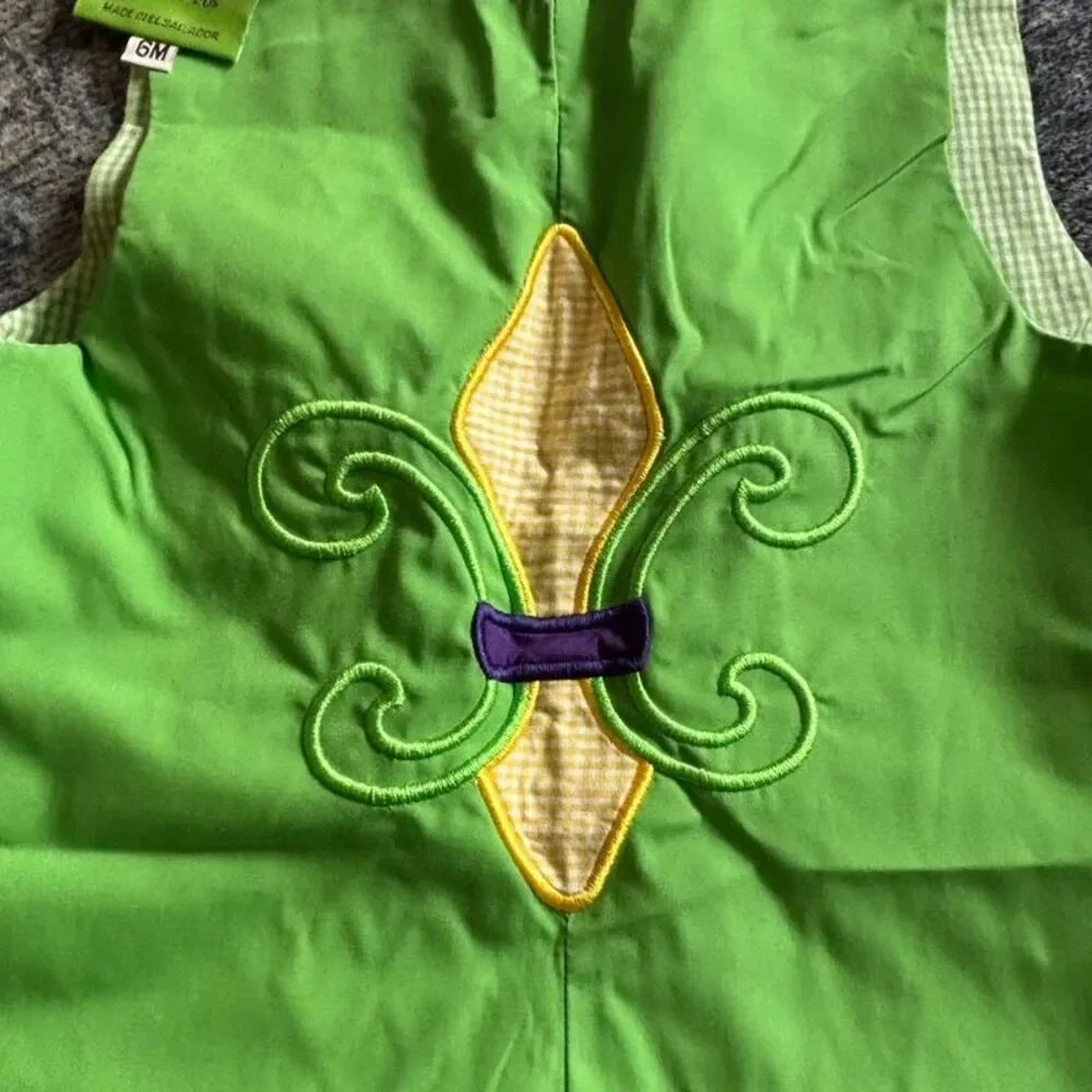 Le Za Me Baby 6M Reversible Mardi Gras Fleur de Lis Green Gingham Romper